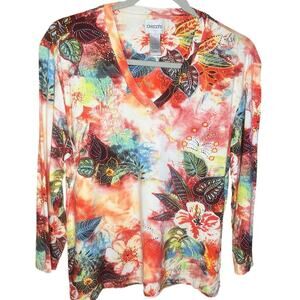 Chico’s Colorful Tropical Floral 3/4 Length Sleeve Top Size 2 = 12/14 US